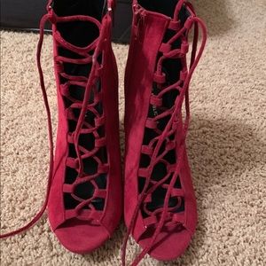 Burgundy/wine peep toe lace up heels